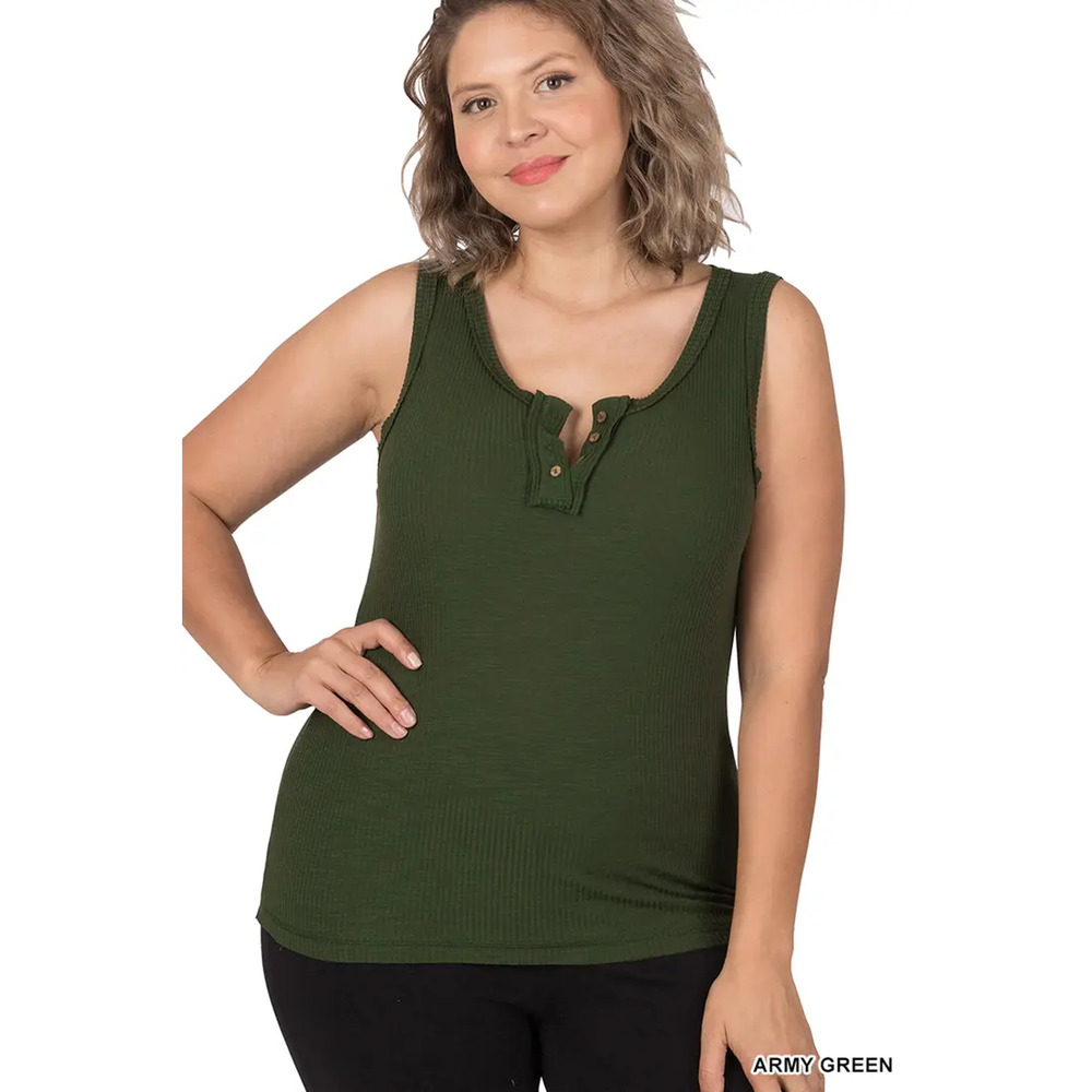 Womens Ribbed Fitted Tank Top Button Placket Raw Seams Plus Army Green